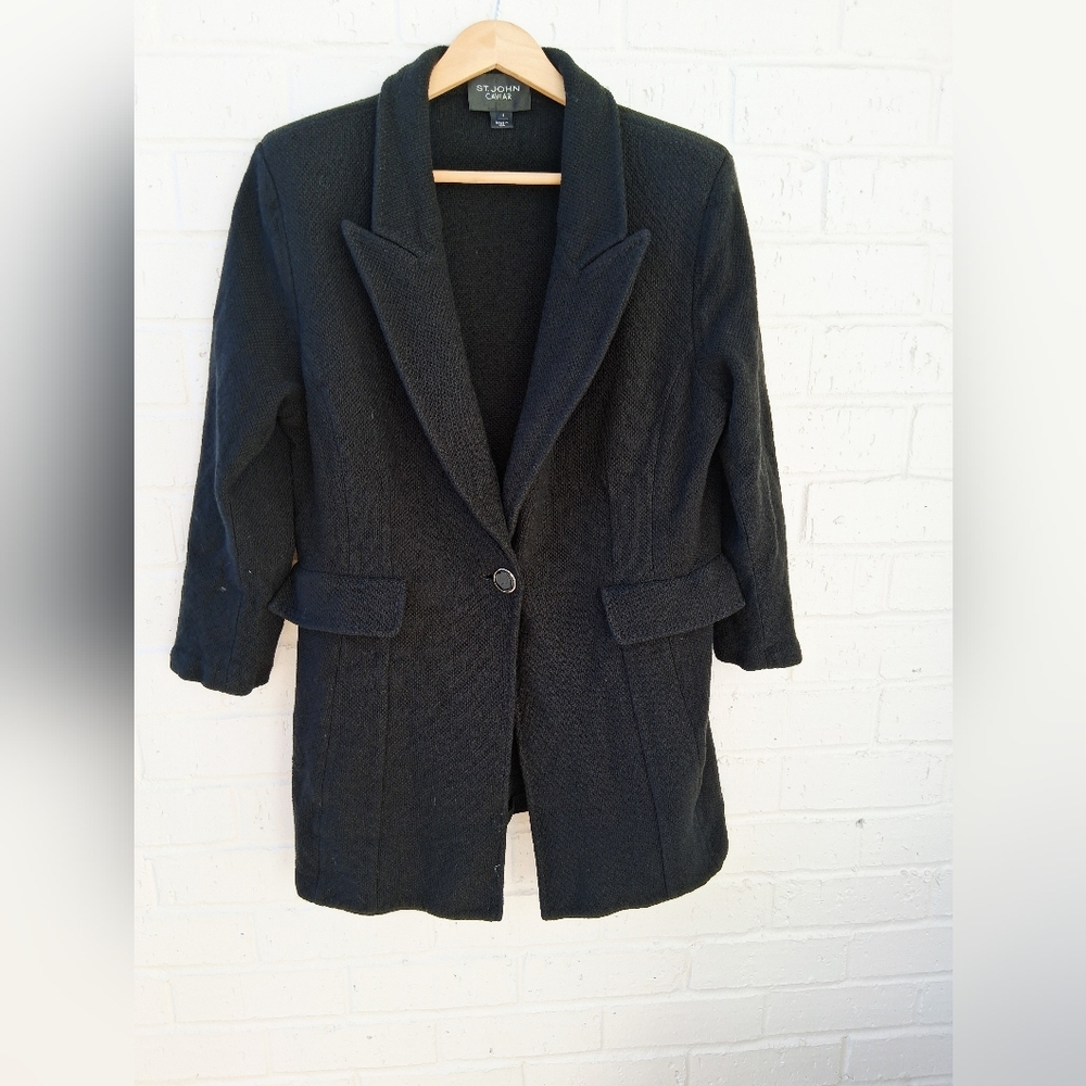 St. John Caviar Black Long Sleeve One Button Jacket Made USA Sz:16